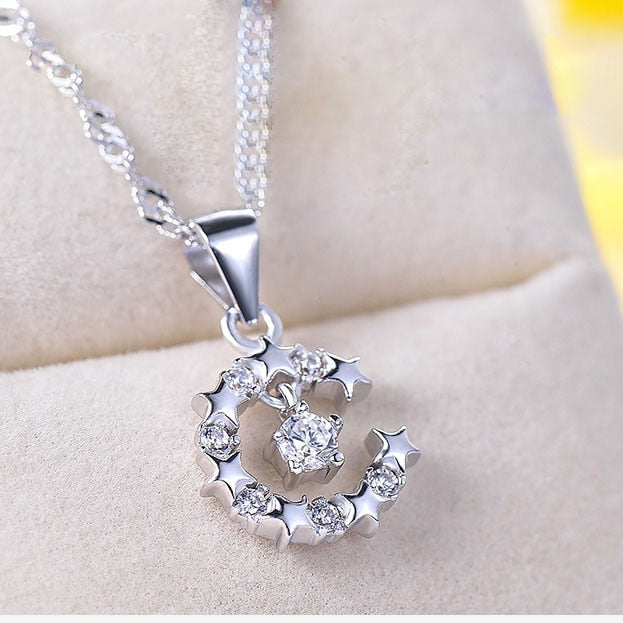 925 Sterling Silver Cubic Zirconia Moon Shape Necklace