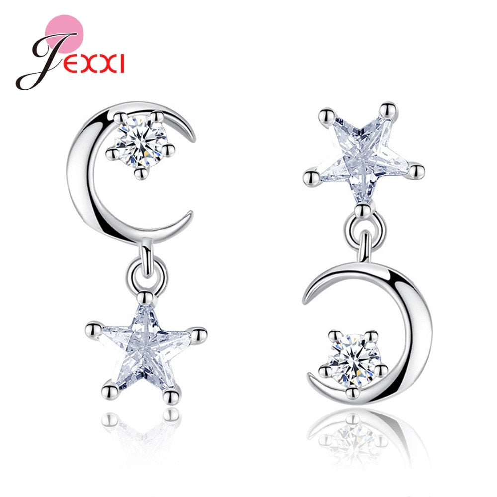 925 Silver 5A Cubic Zirconia Moon & Star Drop Earrings