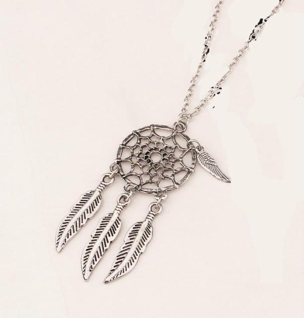 Bohemia Vintage Silver Plated Dreamcatch Feather Pendants Necklace